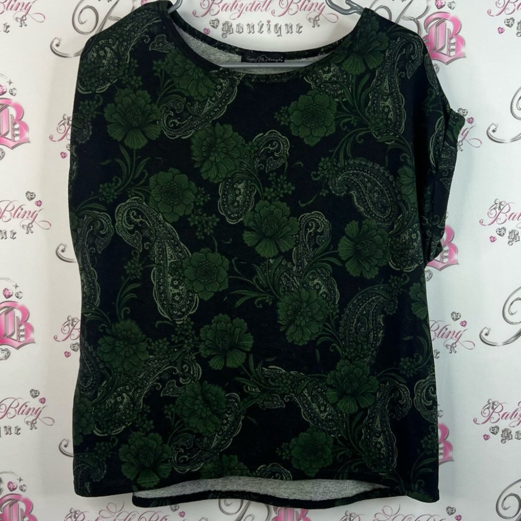 Gypsy Sky Los Angeles Tshirt Flowers Paisley Floral Black And Green Women's Top